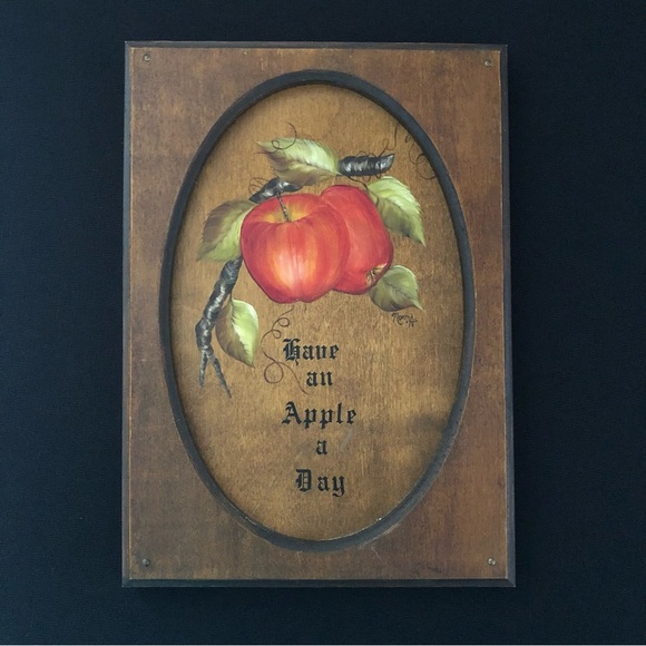 Vintage Hand Painted Artist Signed Wood Apple Wall Art - “Have an Apple a Day” - Picture 2 of 12